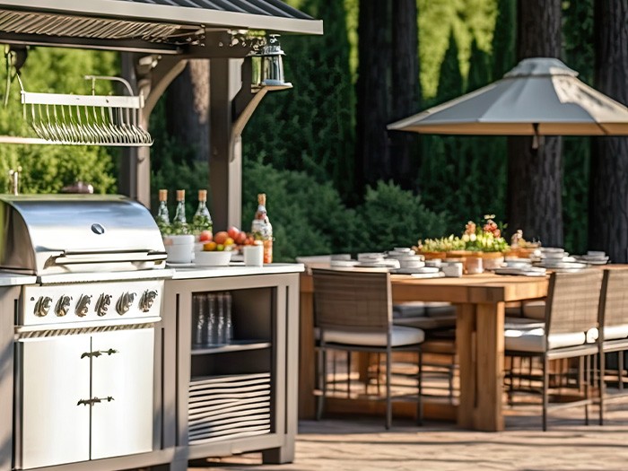 Un grill extérieur et une table à manger à l’arrière-plan.