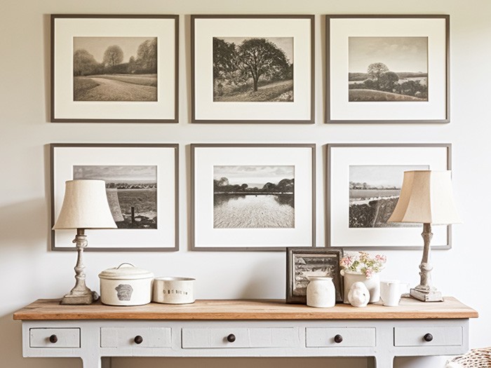 Un mur présentant des photos encadrées.